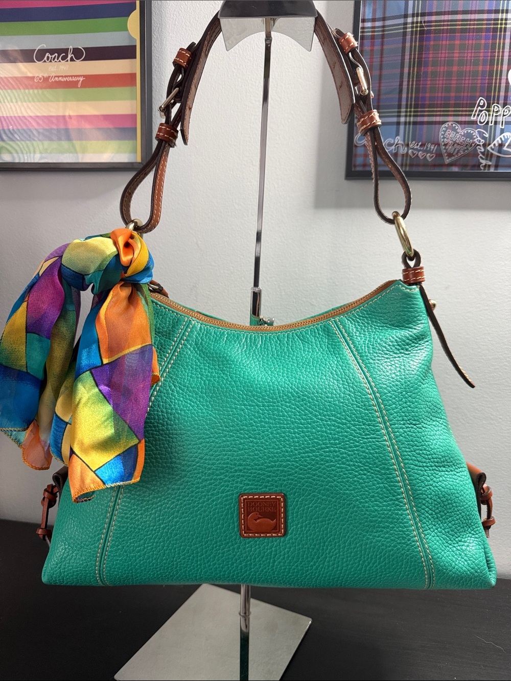 Dooney & Bourke Turquoise Pebbled Leather Shoulder Bag with Multicolor Scarf